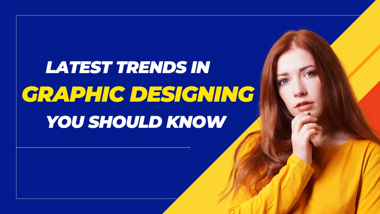 Young woman in yellow shirt with creative background, showcasing latest graphic designing trends.