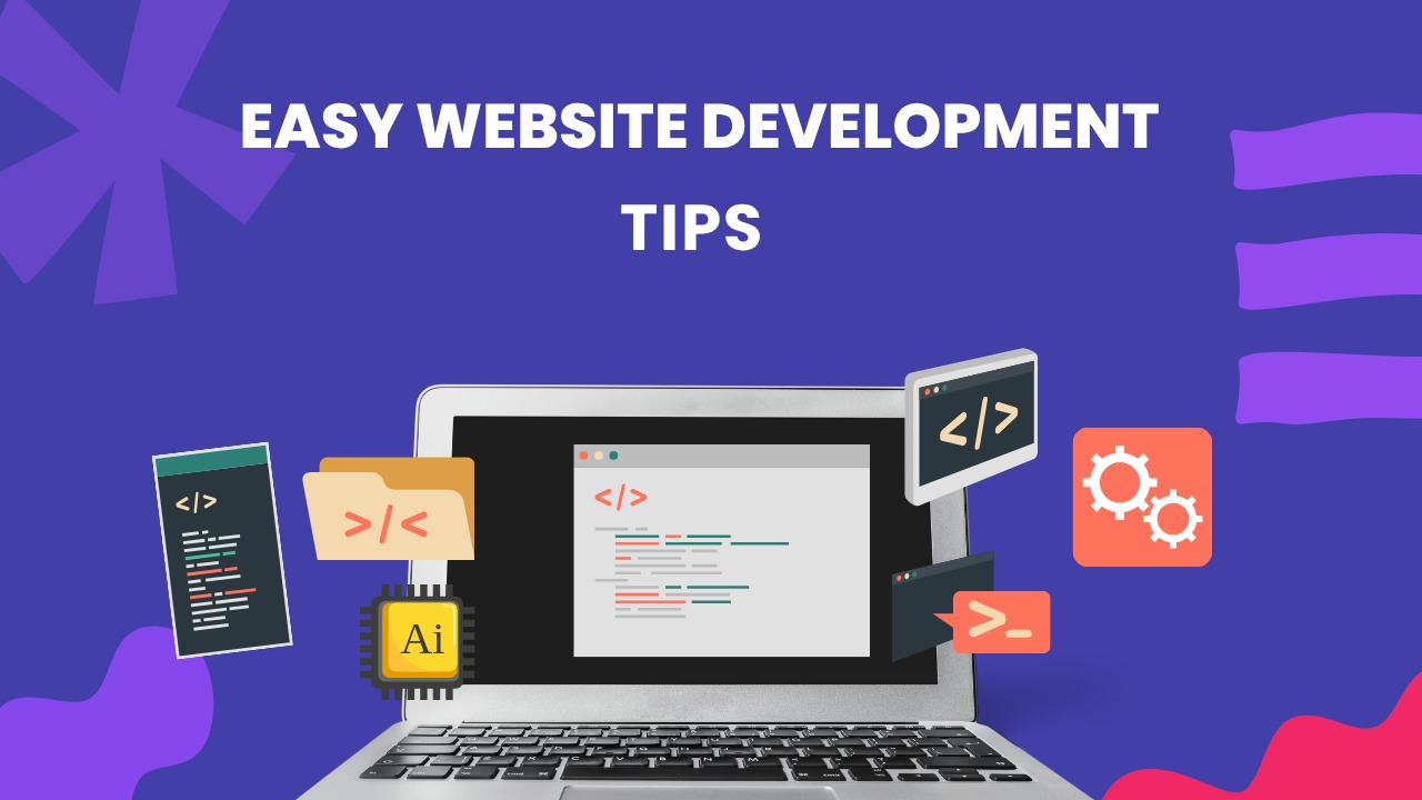 Laptop with coding symbols and icons representing easy website development tips for beginners.
