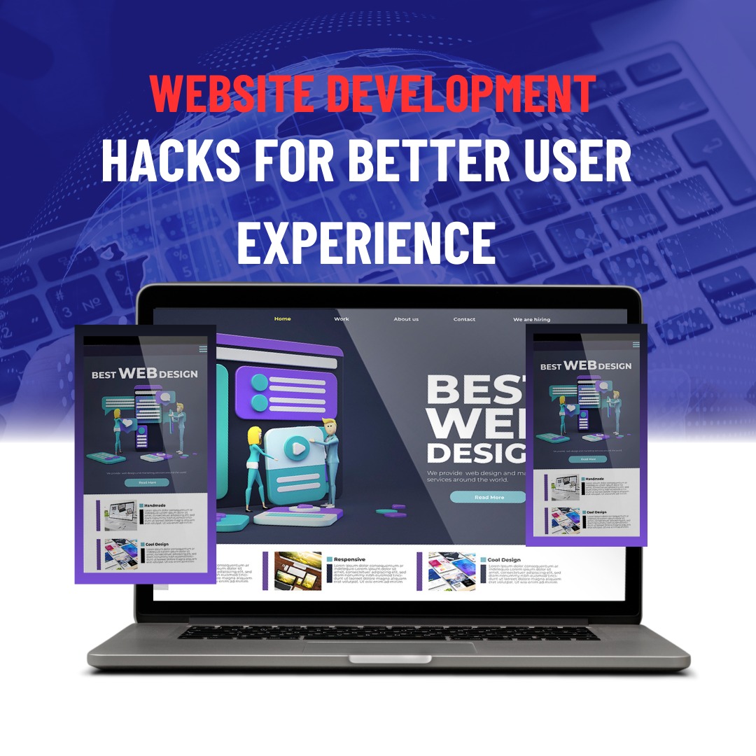 Website development hacks for better user experience with modern web design layout on laptop screen.