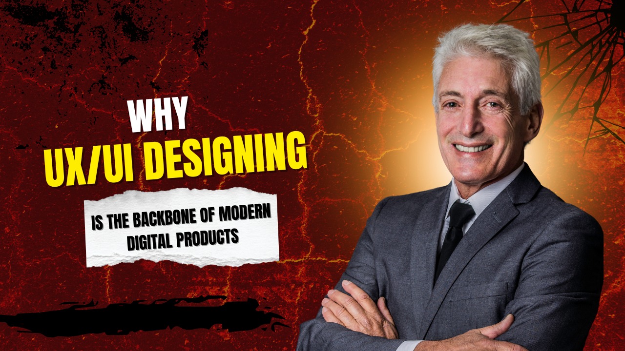 A professional visual highlighting the importance of UX/UI design in shaping successful digital products. The image features a confident business professional alongside bold text emphasizing the critical role of user experience and interface design in the modern digital world.