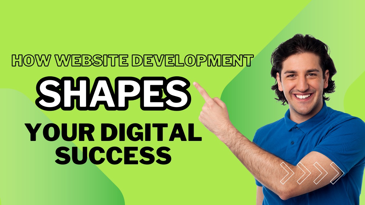 Smiling man pointing at text “How Website Development Shapes Your Digital Success” on a green background.
